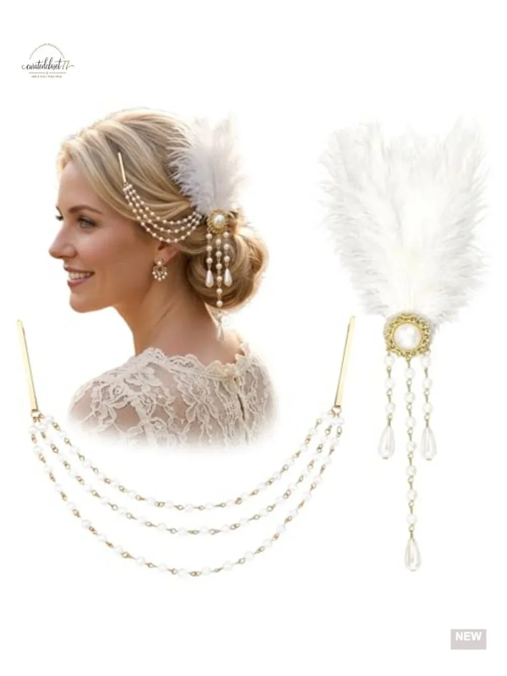 2Pcs Victorian Ostrich Feather and Pearl Tassel Hair Barrette Clips Renaissance